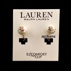 Lauren Ralph Lauren Imitation Pearl w/Gold Tone Logo Stud Earrings - Clip On